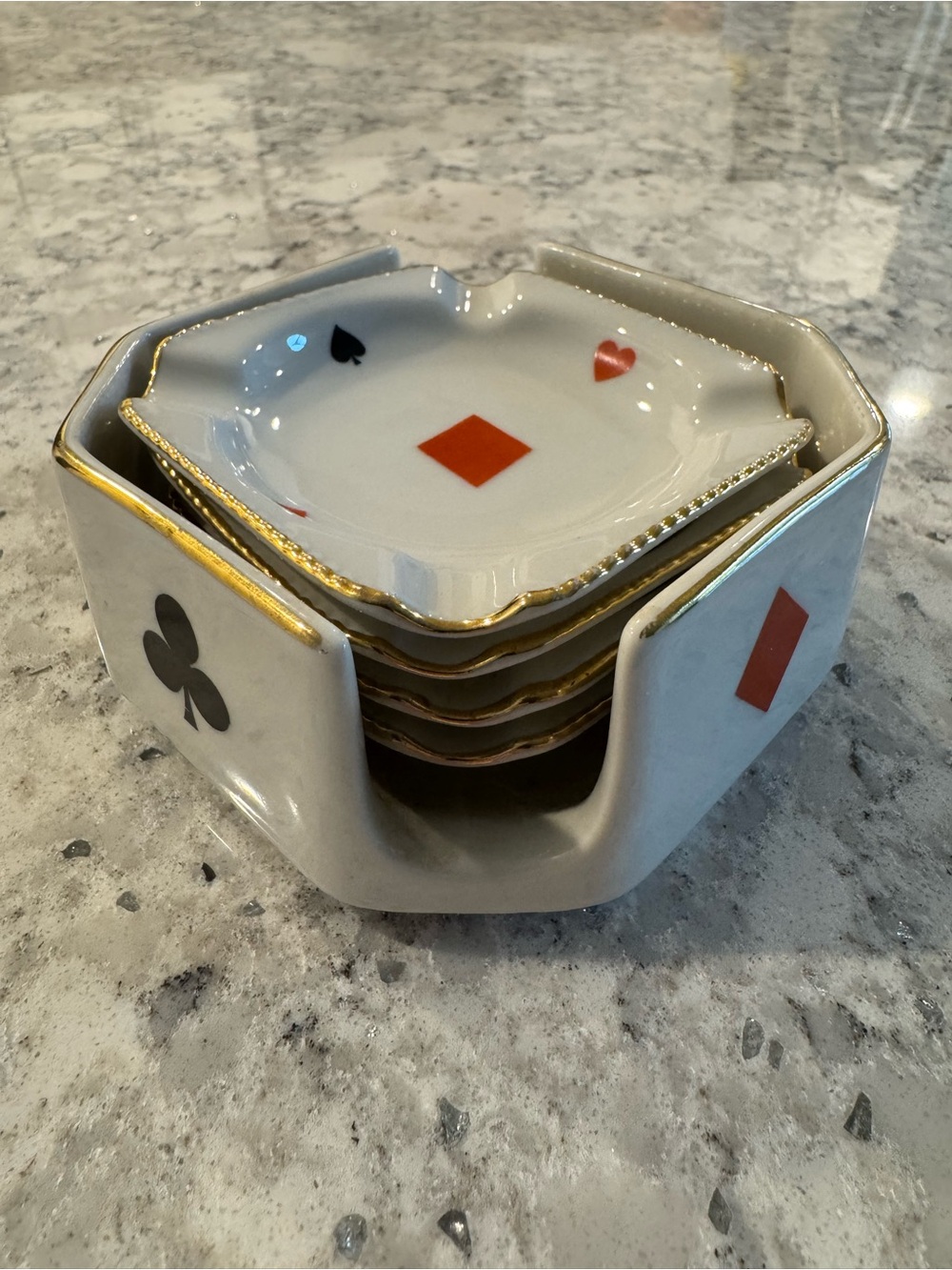 Vintage MCM Bavaria Porcelain Playing Card Ashtray Set Gold Trim Poker Barware